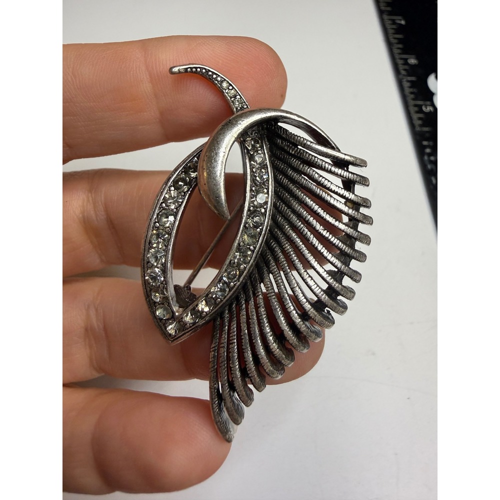 Antique Silver Tone Rhinestone Wing Leaf Brooch Pin Statement Jewelry